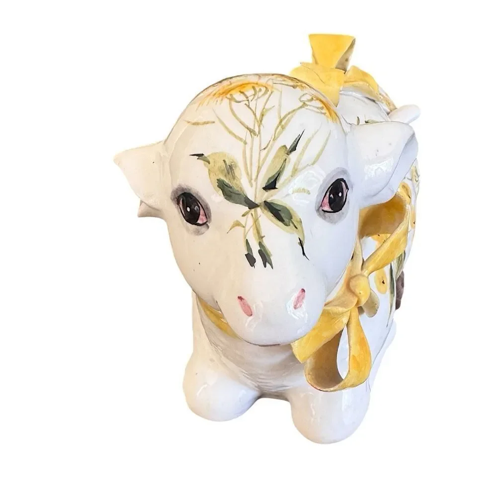 Vintage Italian Lamb Soup Tureen,Spoon Hand-Painted Yellow Mimosa Mid-Century